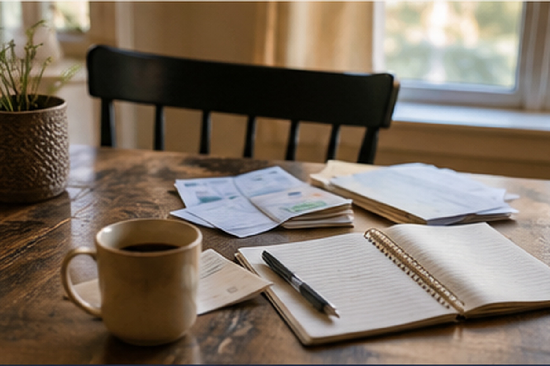 A kitchen table with mail, an open notebook, a pen, and a cup of coffee in morning light.