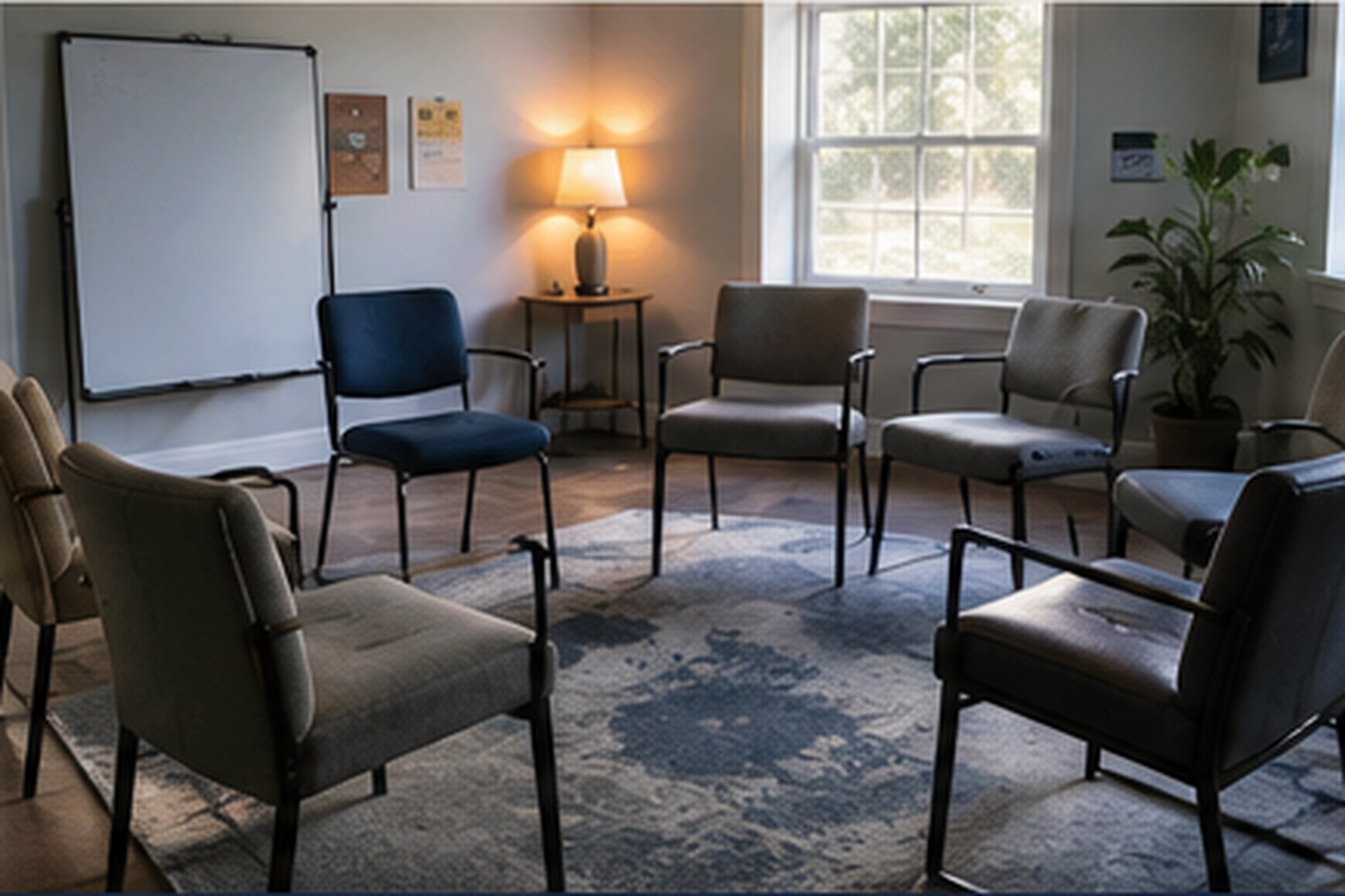 A warm meeting room with chairs arranged in a circle for a group conversation.