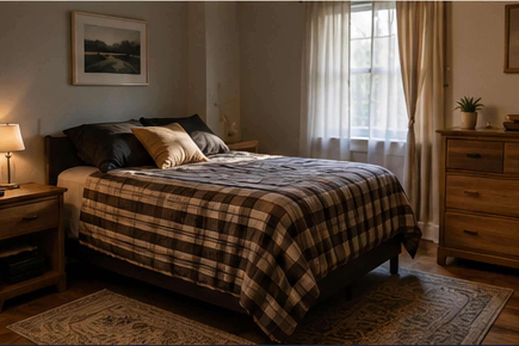 A tidy bedroom with soft natural light in a sober living home.