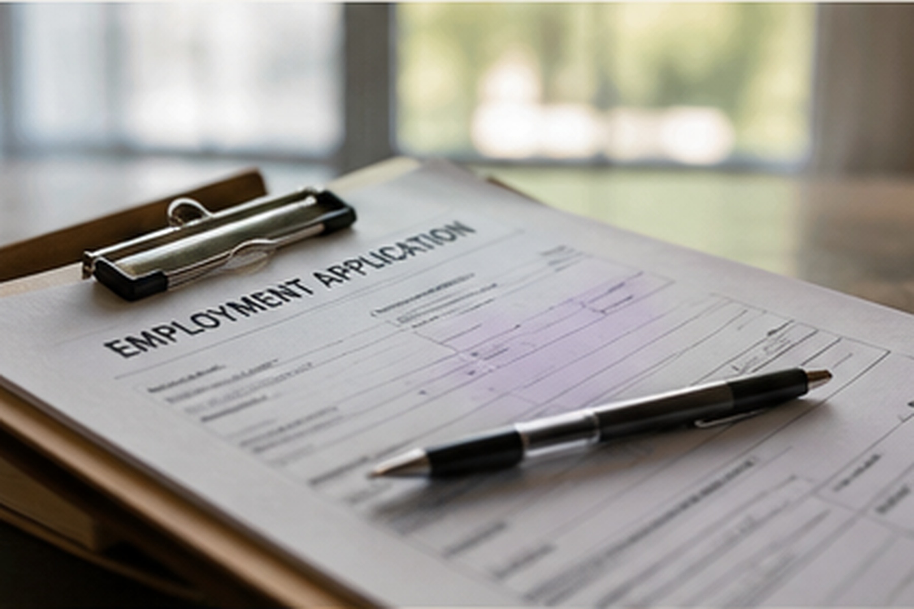 An employment application and pen on a desk.