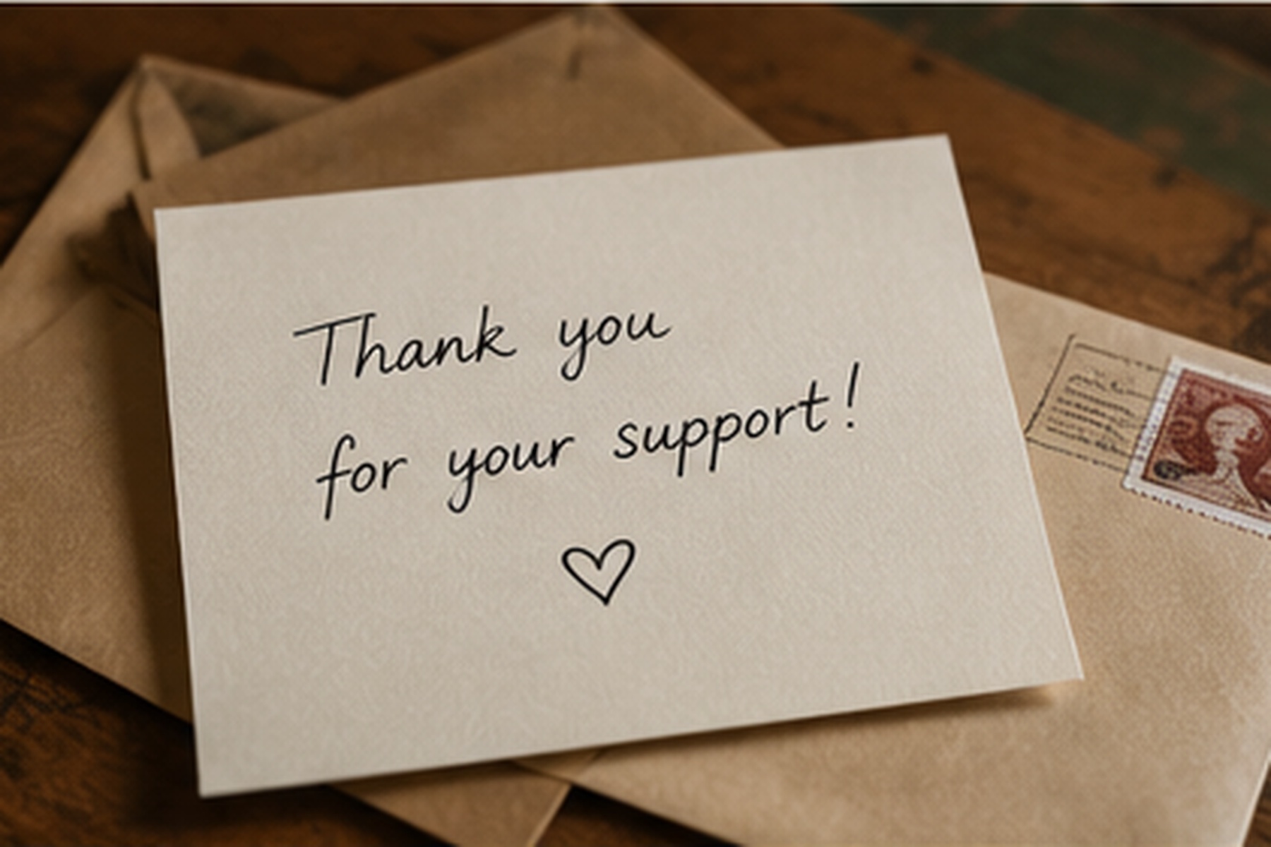 A handwritten thank-you note and a stamped envelope on a wooden desk.